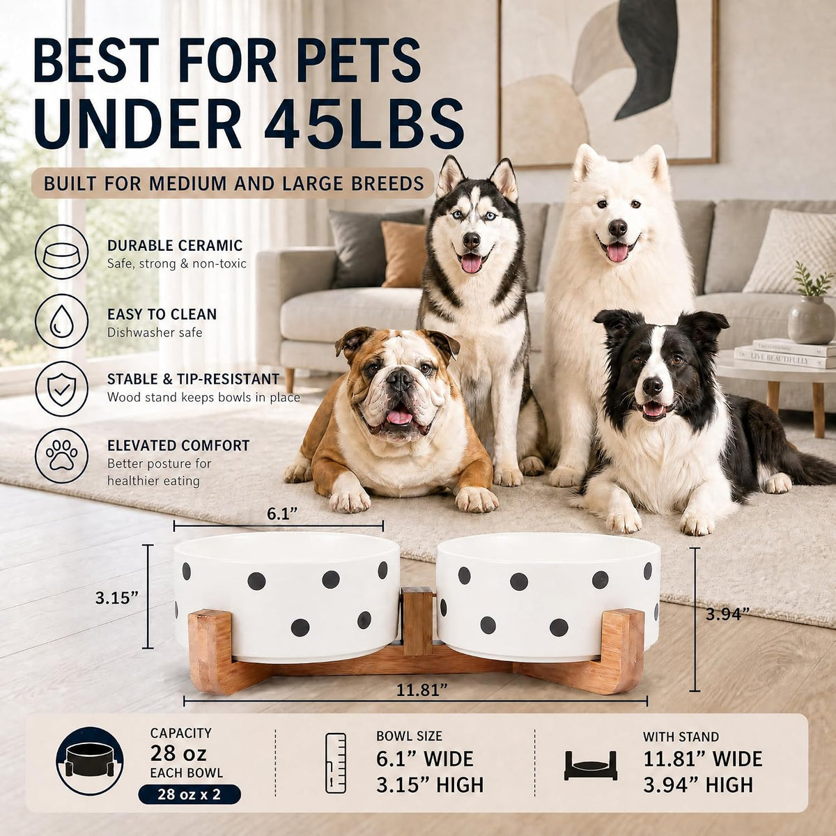 Ceramic Cat Dog Bowl Set with Stand - Black Dot / 850ML*2 - image 3