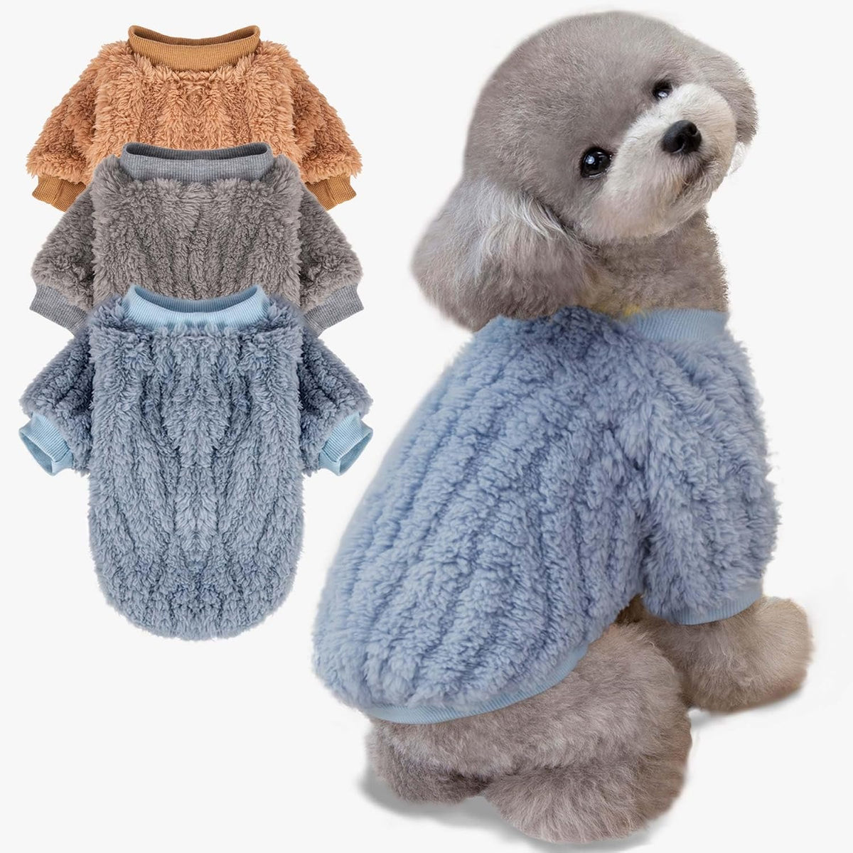 FabriCastle Dog Sweater, 3-Pack Dog & Cat Clothes, Ultra Soft and Warm Pet Jackets XXS XS for Small - Blue,Grey,Doe / Large