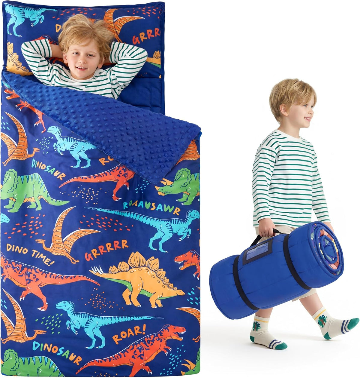 JOIEDOMI Toddler Nap Mat with Removable Pillow and Minky Blanket - Colorful Dinosaur