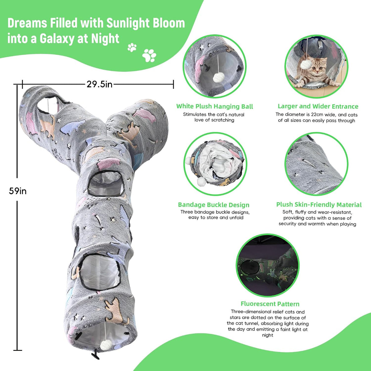 Cat Tunnel, Cat Tunnels for Indoor Cats - 59"-Cat Tunnel Toy Fluorescent - image 3