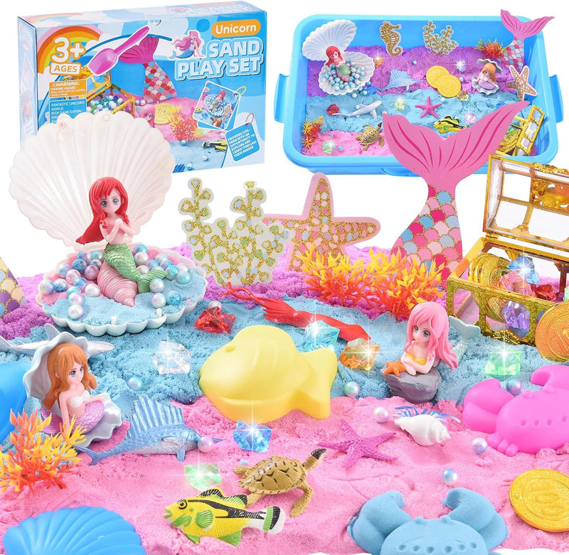 Volmop unicorn sensory bin with sandbox, colored play sand, castle molds and unicorn decorations
