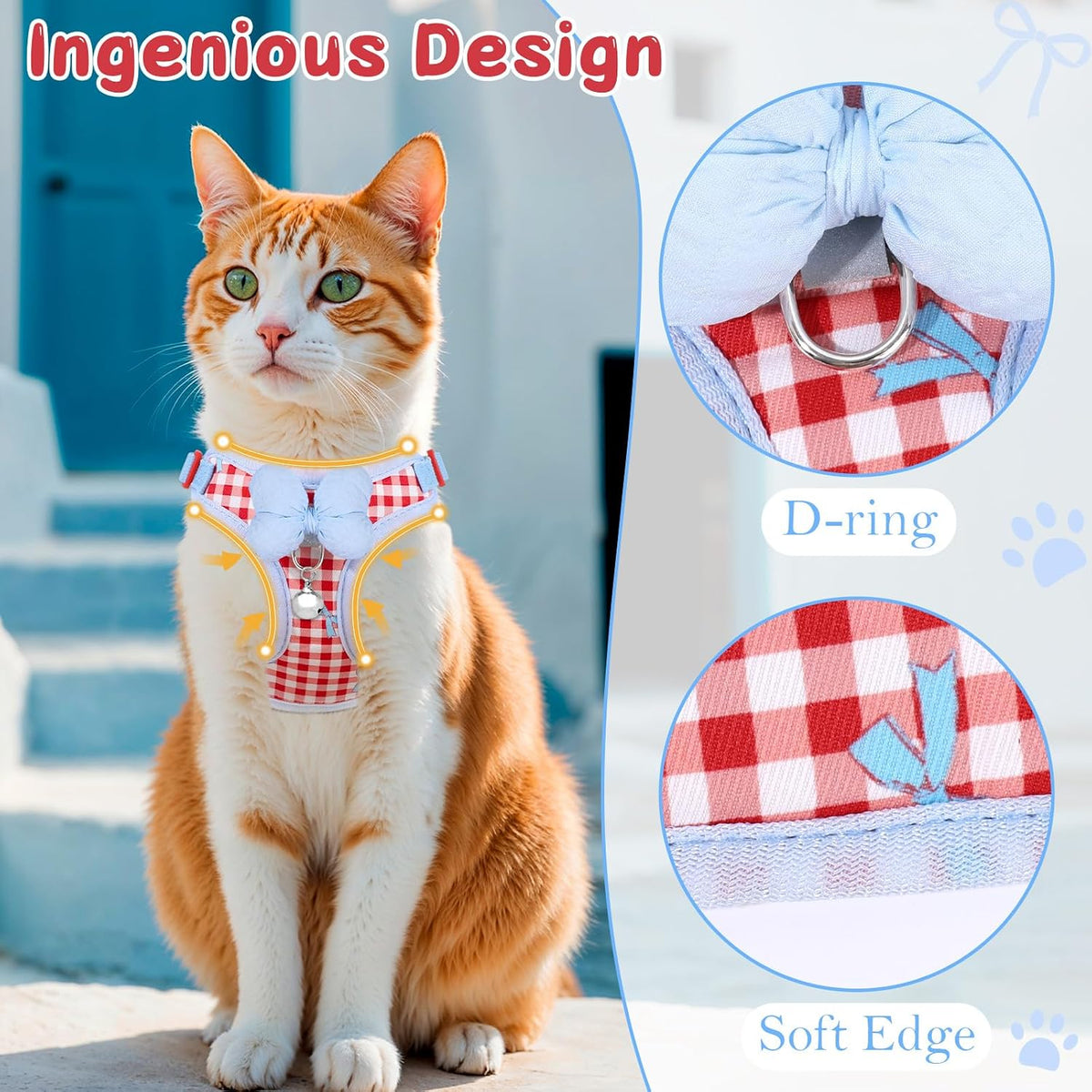 Cat Harness and Leash Set, Escape Proof Soft Vest Walk Pink XS – Essentials for Cats - Red-Plaid / Small - image 3
