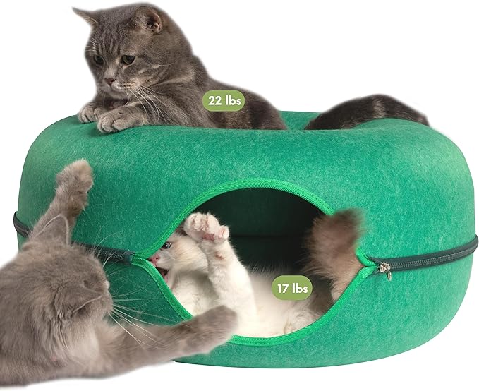CATTASAURUS Peekaboo Cat Cave for Multiple & Large Cats Up to 30-45 Lbs, Scratch Detachable & Washable Tunnel Bed, Comfy Donut Cat Cave (Forest Green, Large)