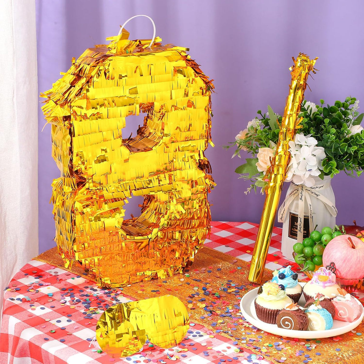 Sratte gold foil number piñata set with gold blindfold, piñata stick and bag of confetti - view 13