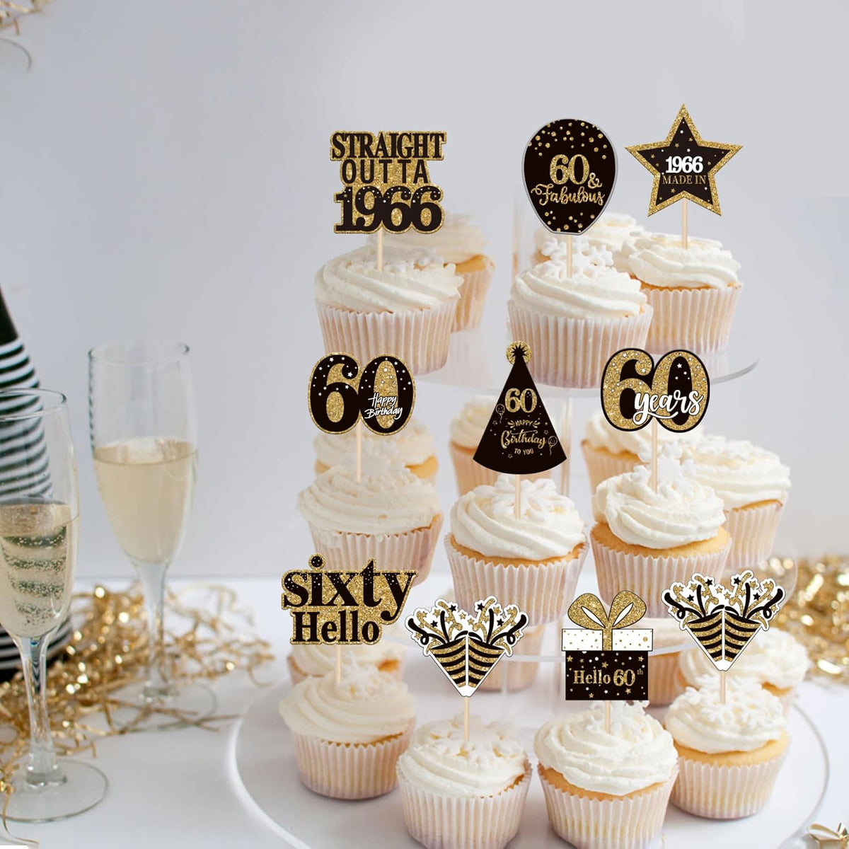 36PCS Happy 80th Birthday Cupcake Toppers Double Sided Black Gold - Straight Outta / 60th - image 4