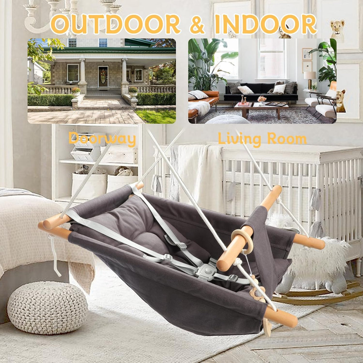 Tislly indoor outdoor baby swing in grey cotton with beech wood frame and 5-point belt - view 7