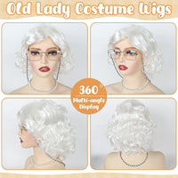 Huskein Old Lady Costume, Old Lady Cosplay Silver Bun Wig Glasses Wig Cap Pearl Necklace Bracelet - White-lady - image 4