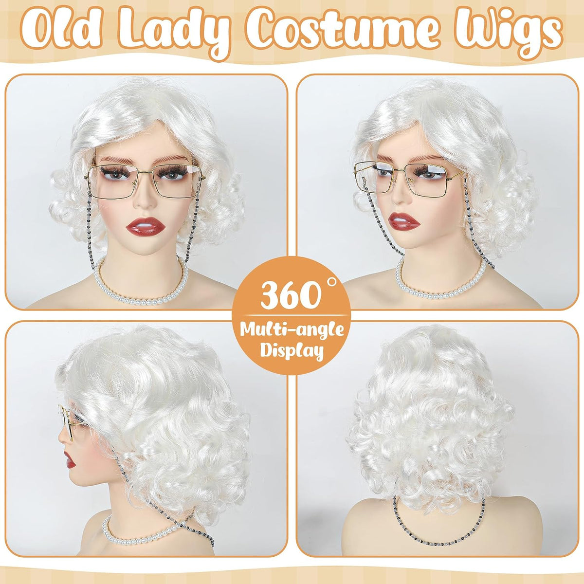 Huskein Old Lady Costume, Old Lady Cosplay Silver Bun Wig Glasses Wig Cap Pearl Necklace Bracelet - White-lady - image 4