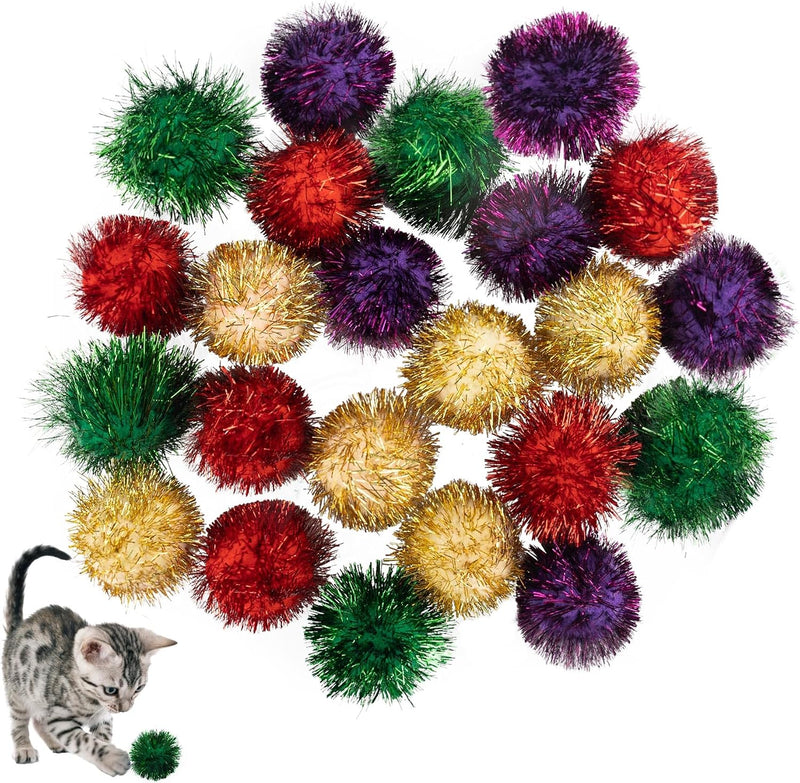 AUEAR, 12 Pack 2 Inch Sparkle Ball Shiny Glitter Tinsel Pom Poms Interactive Cat Balls for Kittens - 4 Colors / 24 Pack