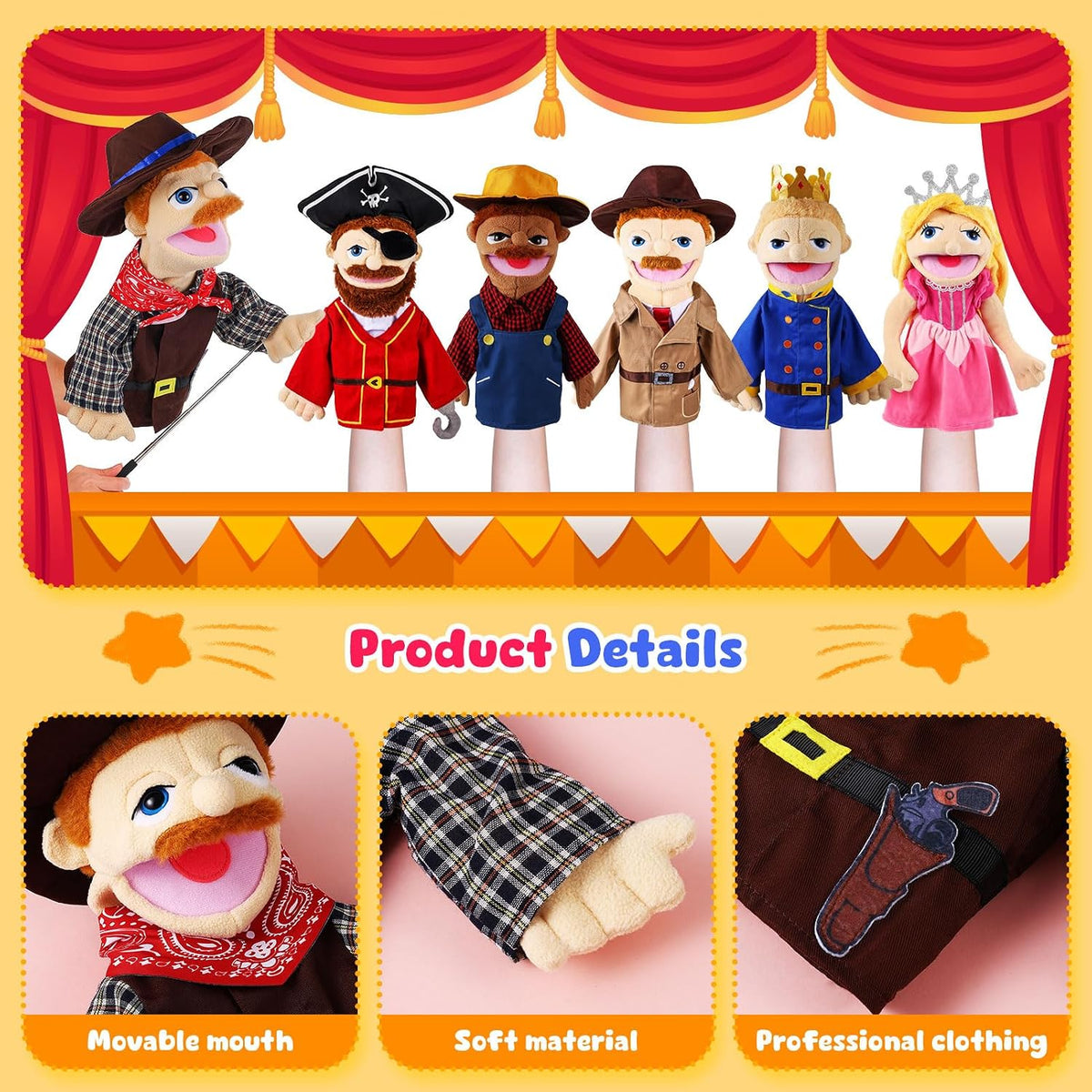6 Pcs Family Hand Puppets 12 Inch Grandparents, Mom & Dad - Adventurers - image 4