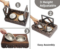 Elevated Pet Feeder for Dogs and Cats - The Bali Carved Wood Pet Feeding Stand with Two Stainless Steel Bowls - Three Heights Adjustable Raised Dog Bowl - Food Water Pet Feeding Station - IRONGATE