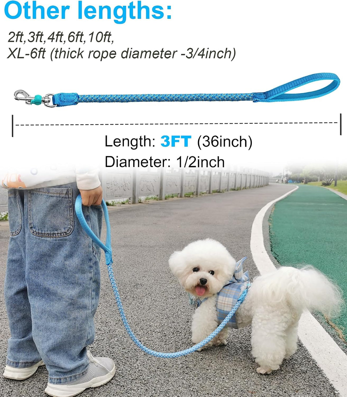 Reflective Dog Leash 2/3/4/6/10ft Braided 1/2" Strong Nylon Rope – Essentials for Dogs - 3ft * 1/2" / Sky blue - image 3