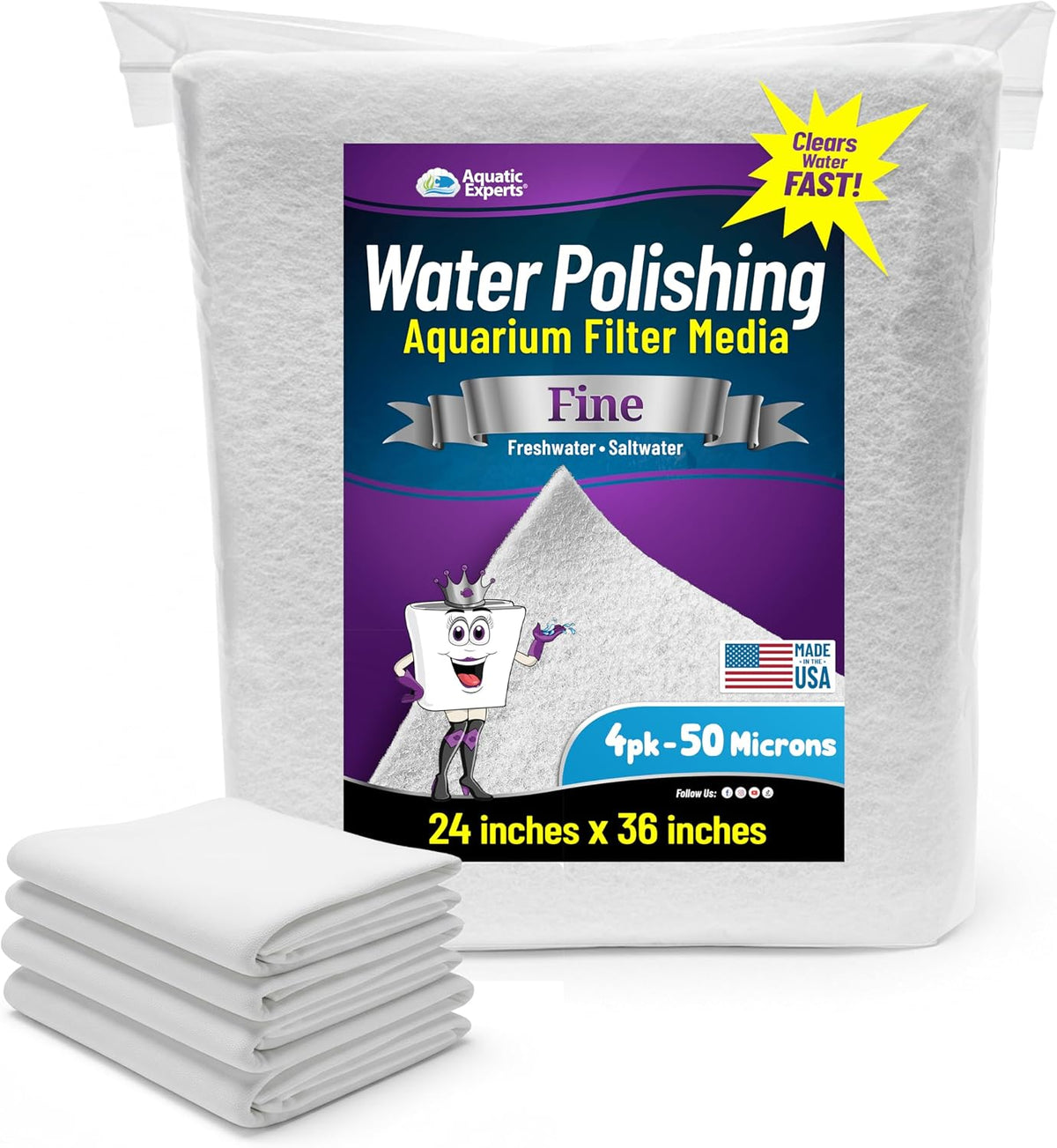 Aquatic Experts Aquarium Polishing Filter Pad - Ultra Fine – 50 Micron / 24" x 36" - 4 pack