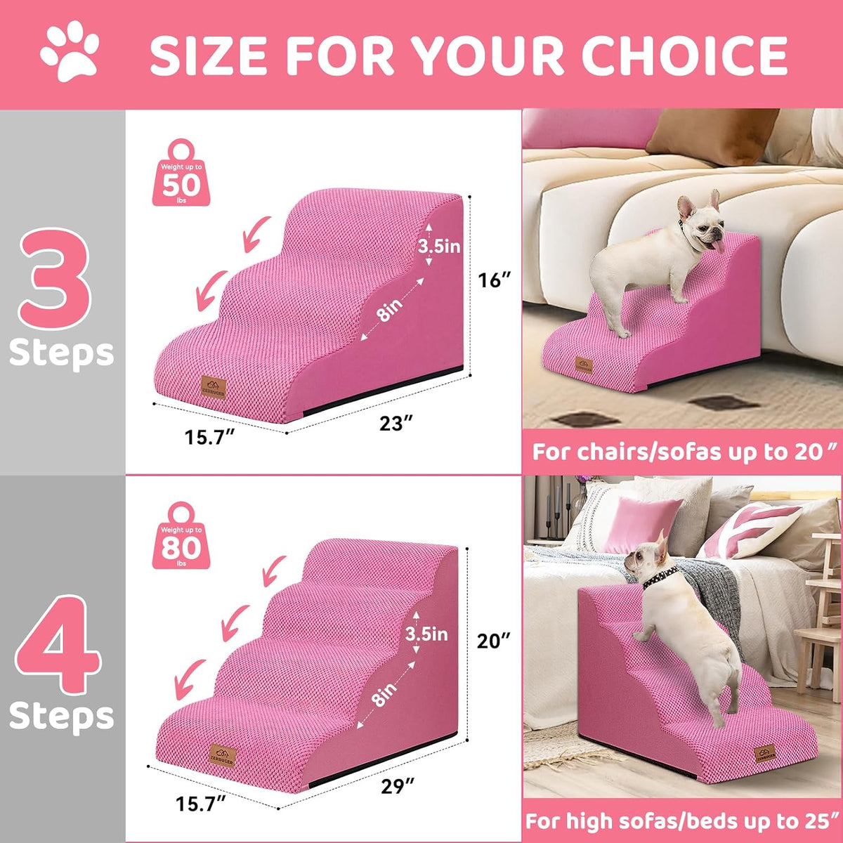 Zerbuger Dog Ramp and Stairs for Bed, Coffee 3 Steps 16" H - Pink / 4 - image 2