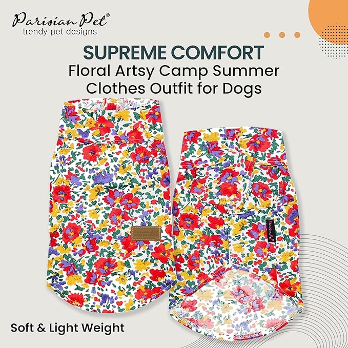 Parisian Pet Floral Pattern Cotton Shirt - Summer Beach Outfit for Small Dogs - Hook and Loop Closure, Machine Washable - Size S