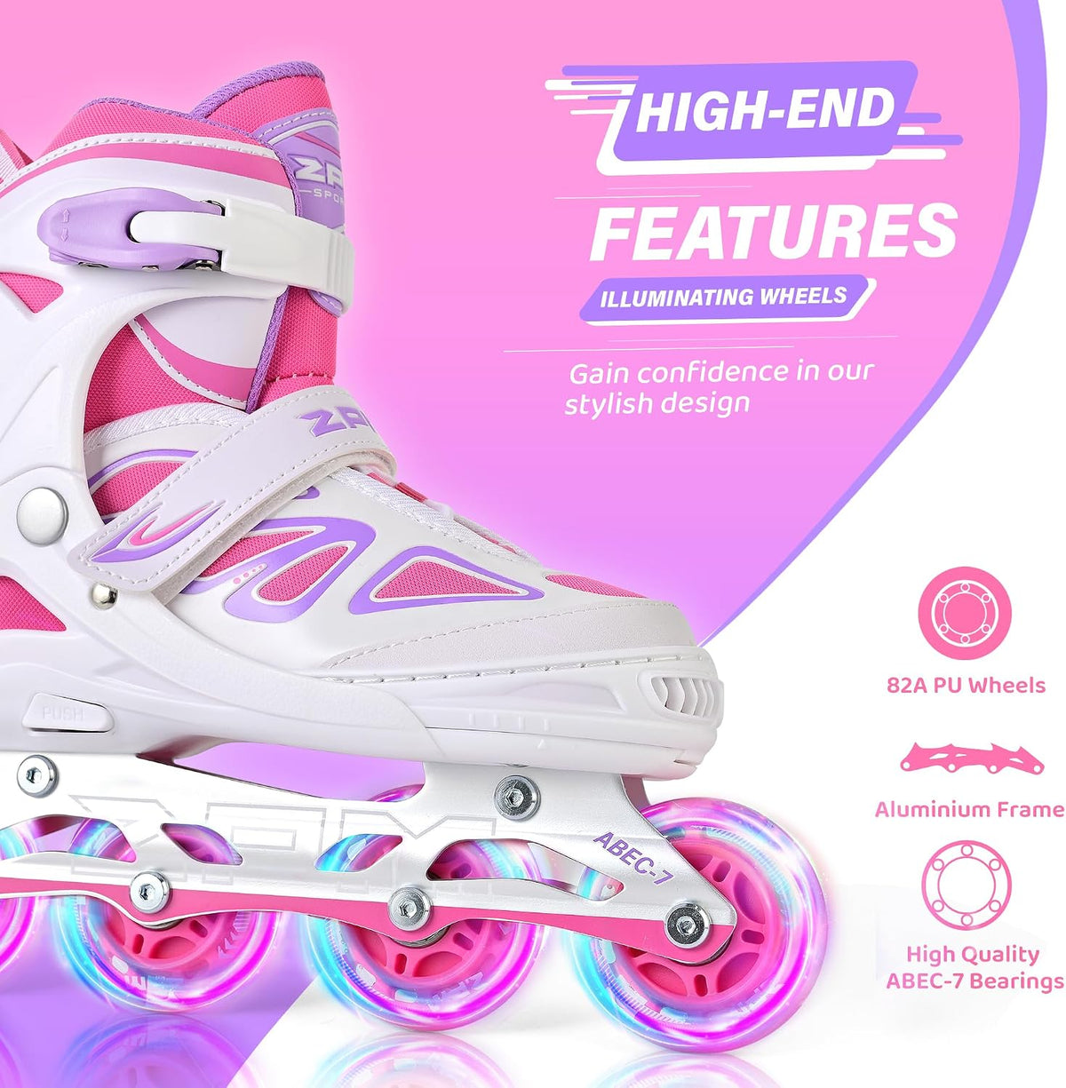 2PM SPORTS Adjustable Inline Skates for Kids, Youth and Adults - White Pink / Small - Little Kid (10.5C-12.5C US) - image 2