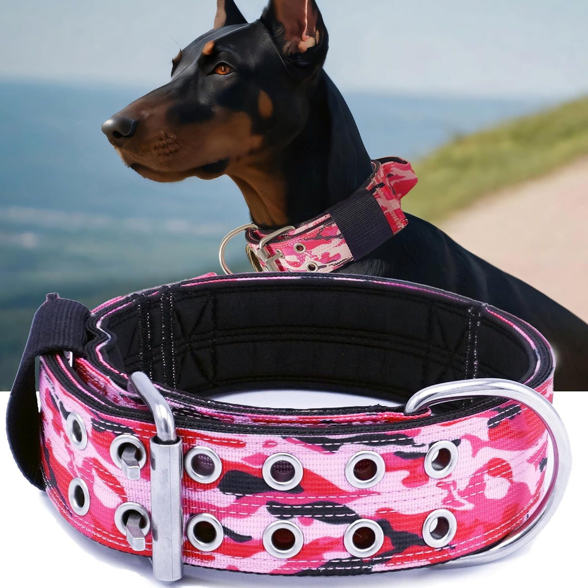Dog Collar for Large Dogs, with Handle 2" Wide Heavy Duty - Camo Pink / L
