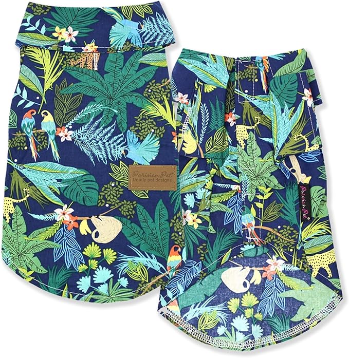 Parisian Pet Unisex Amazonia Shirt - Leafy Dog Beach Outfit - Cotton Summer Clothes - Stylish Hook and Loop Closure - Machine Washable for Medium-Sized Dogs - M