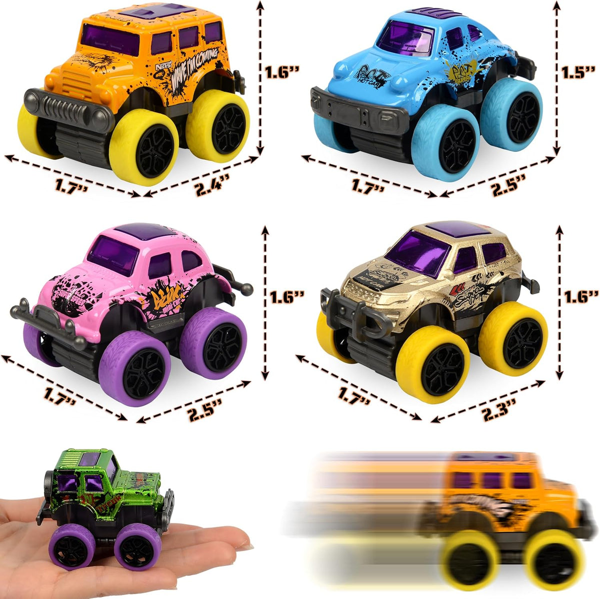 Neureyte 16-pack die-cast mini monster trucks with pull-back action - view 3