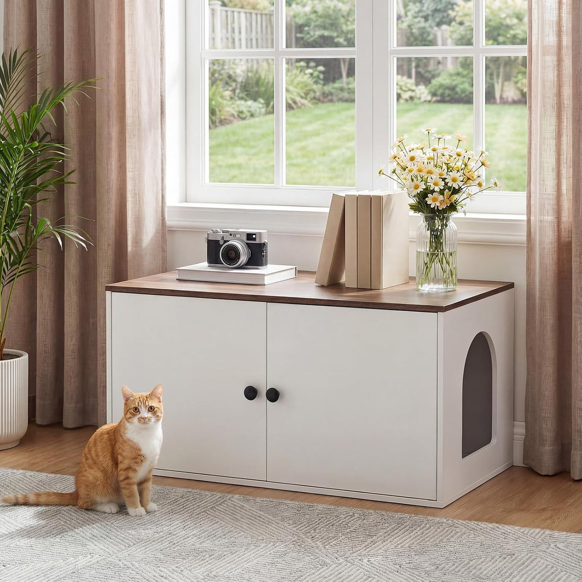 HOOBRO Cat Litter Box Enclosure - White + Walnut - image 2