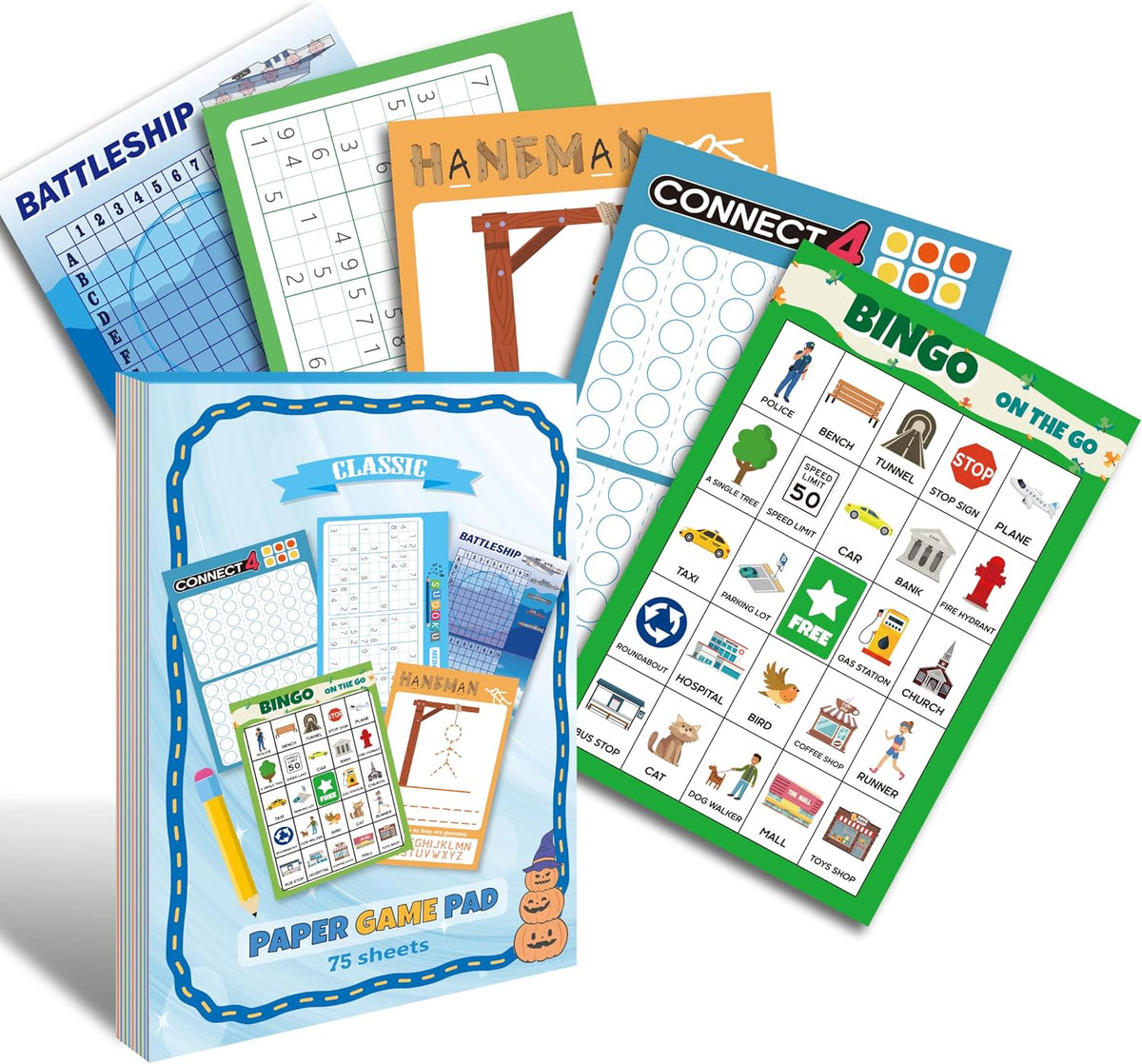 GRANDLMOON 5 Portable Travel Game Activities Pad On The Go Plane Trip - 9X6