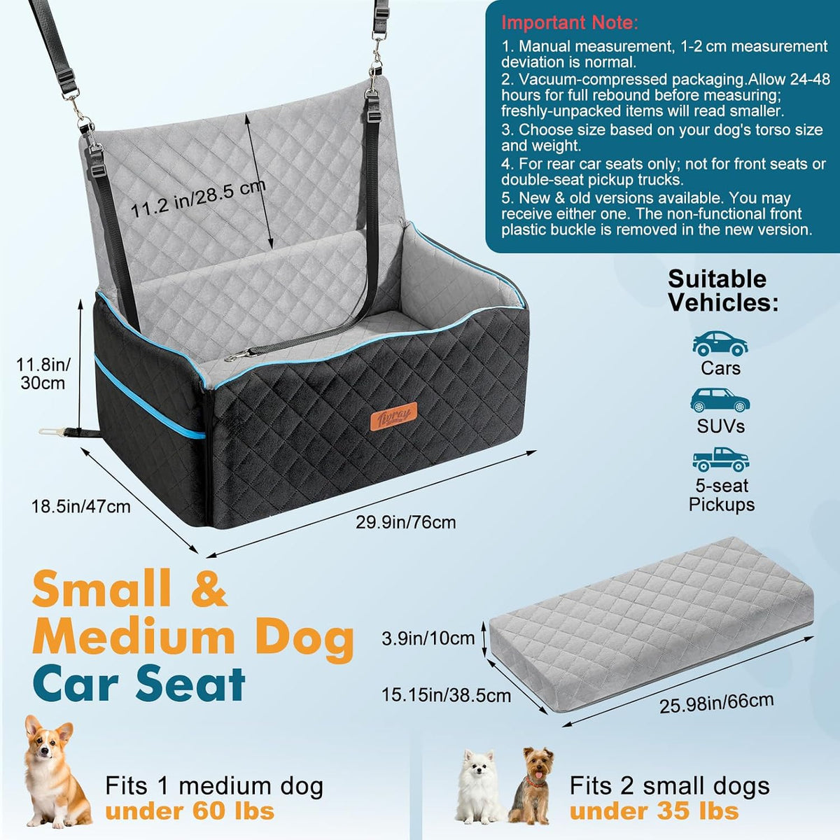 Dog Car Seat for Medium Dogs Up to 60 lb, Thick Cushion - Black & Gray / L - image 2
