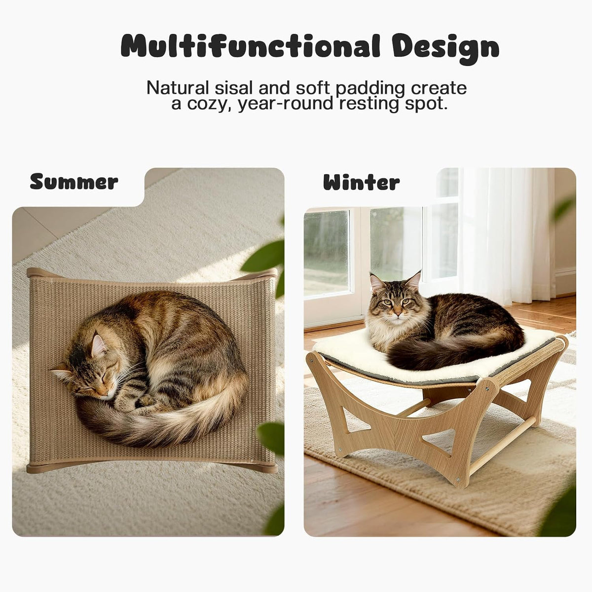 Cat Hammock Bed, Wooden Elevated Cat Beds with Natural Sisal Scratching Mat, Cats Scratcher Bed - Natural Wood - image 3