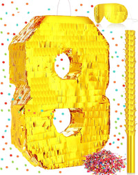 Sratte gold foil number piñata set with gold blindfold, piñata stick and bag of confetti - view 2