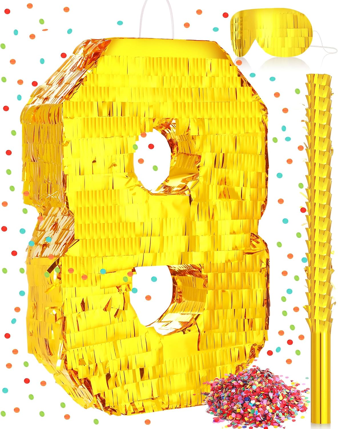 Sratte gold foil number piñata set with gold blindfold, piñata stick and bag of confetti - view 2