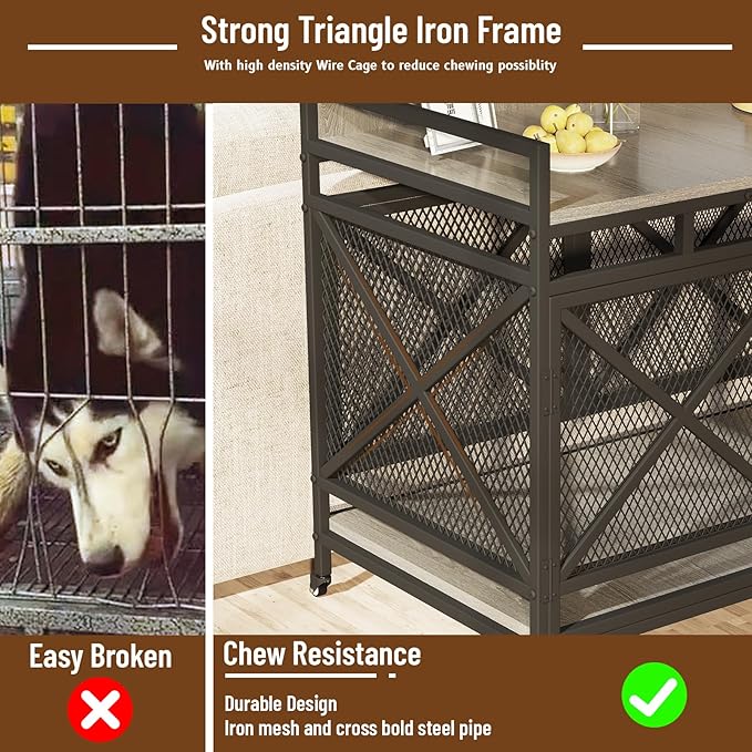 COZPAW Large Dog Crate Furniture, 48 Inch Wooden Dog Kennel for XLarge Dogs, Heavy Duty Dogs Furniture Indoor Wire Dog Cage with Caster Wheels,Decorative Pet House End Table, Textured Gray