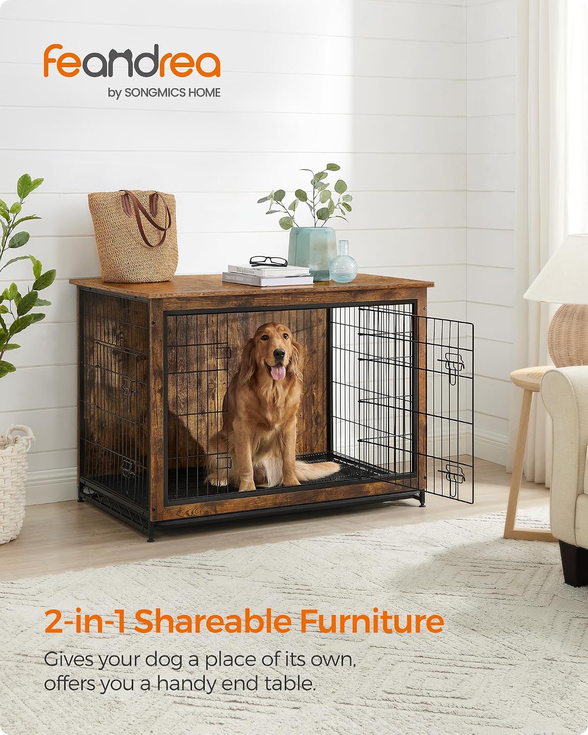 Feandrea 27.2" Dog Crate Furniture - Rustic Brown / 44.1"L x 29.5"W x 32.3"H - image 2