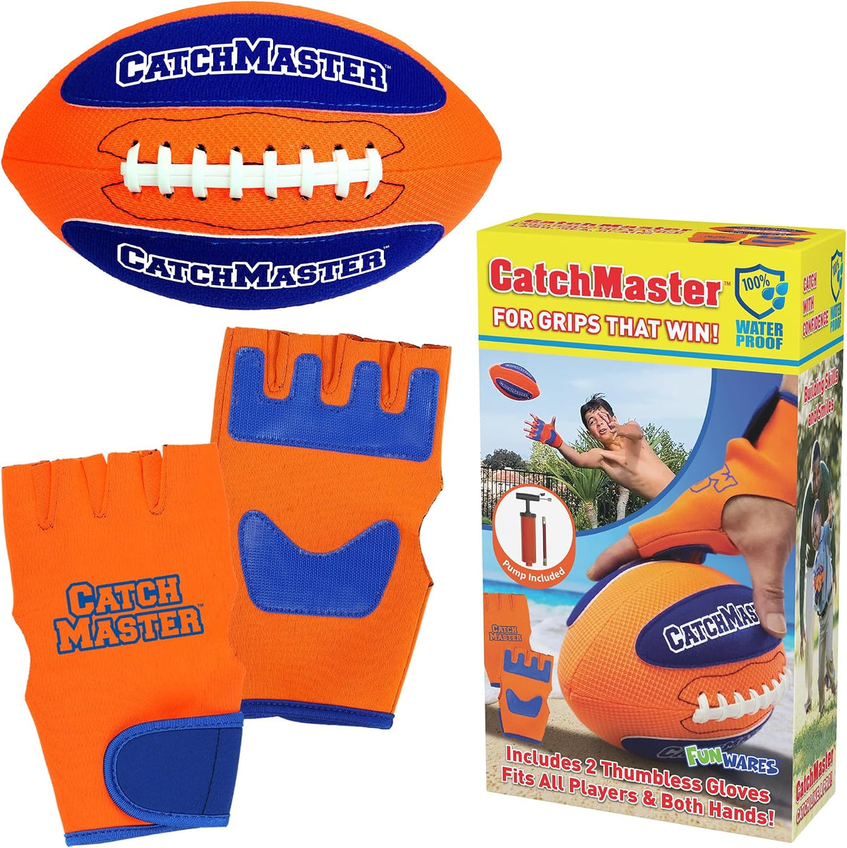 Funwares CatchMaster water football set with hook and loop ball and two gloves