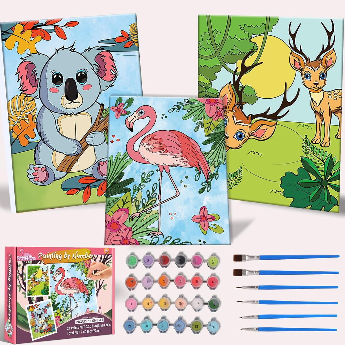 Jovial & Joyful kids paint by number kit with three framed animal canvases and paint pots - view 2