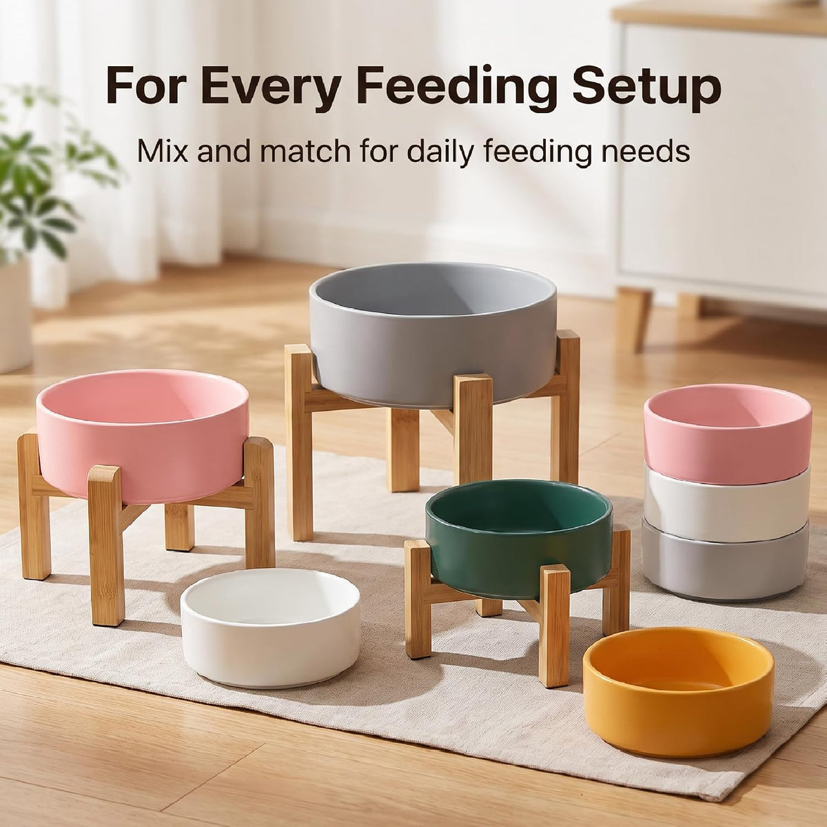 Elevated Cat Water Bowl, Ceramic Raised Cat Food Bowl with Adjustable Bamboo Stand, 5.1" Compact - Medium / Pink - image 3