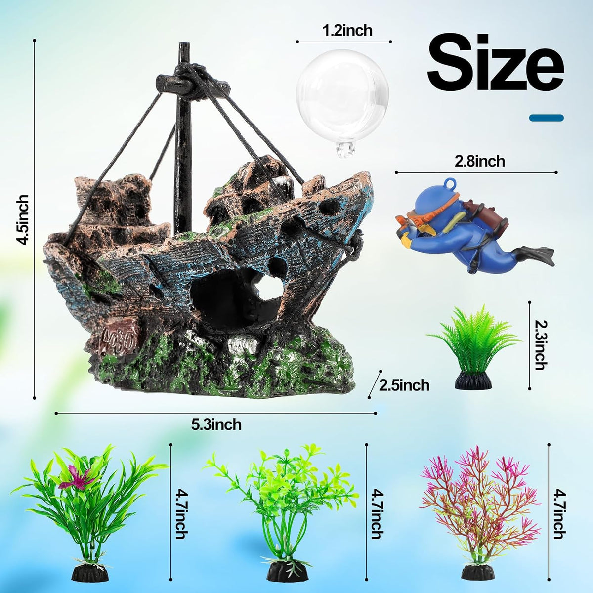 6 Pcs Aquarium Decor Set Shipwreck Decoration Little Diver Floating - 6 Pcs - image 3