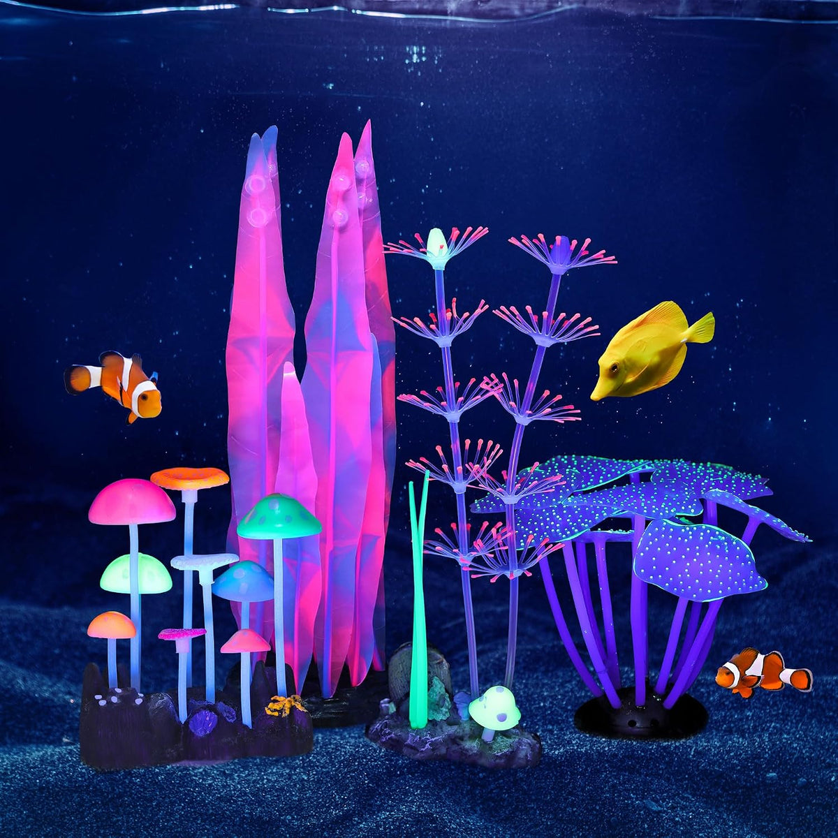4 Pack Glow Aquarium Decorations Coral Reef Glowing Mushroom Anemone - 4 Pcs(branch Coral+coral+mushrooms+seaweed)