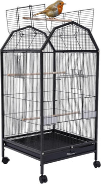 40-Inch Wrought Iron Bird Cage with Open-Top and Rolling Stand, Movable Parrot Cage Pet Bird Flight Cage, 360 Degree View Spacious Interactive Roof Pet Bird House for Medium&Small Birds