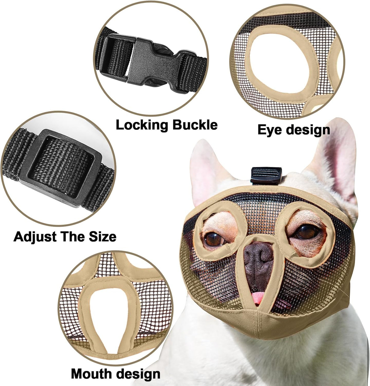 Short Snout Dog Muzzle - Adjustable Breathable Mesh Bulldog Muzzle for Biting Chewing Barking - Khaki / Large/15"-25" - image 2