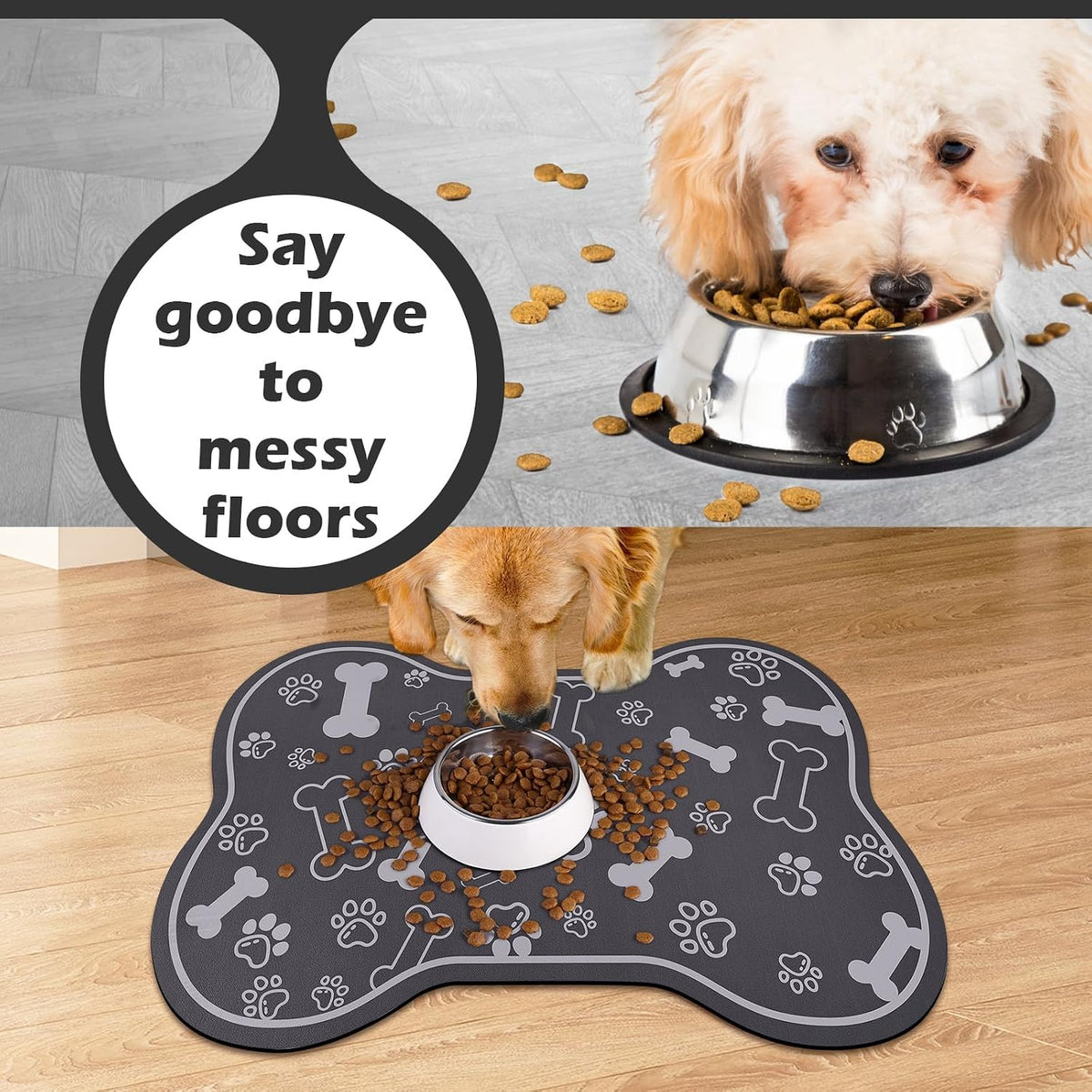 Dog Cat Food Mat, Rapid Absorbent Pet Feeding Mat - 18"L x 12"W / Bone Shaped Dark Grey - image 4