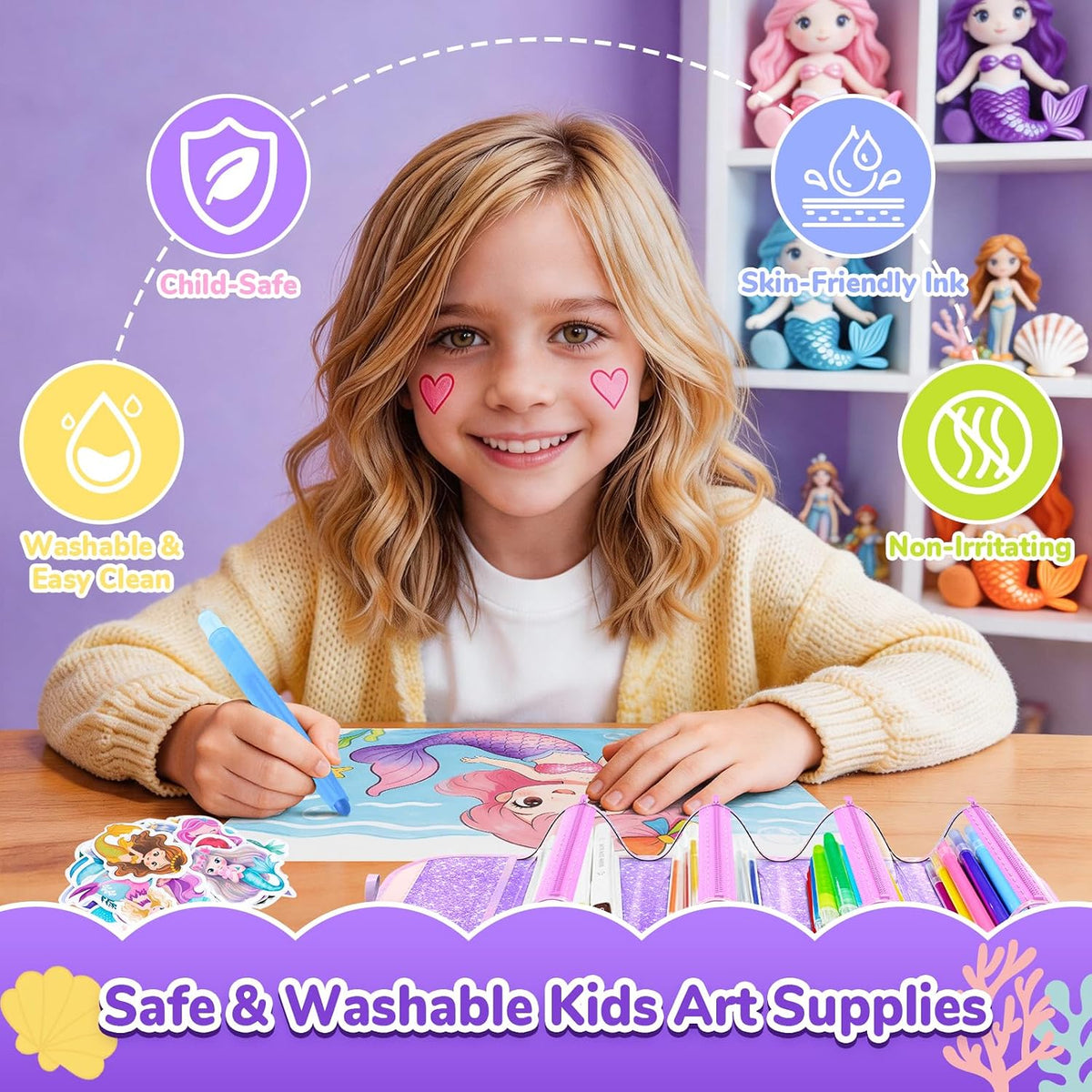 DreamyCandy 70 Pcs Washable Markers Set for Kids 4-8 - Purple Mermaid - image 3
