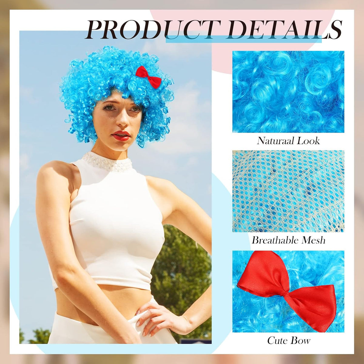 Jutom two sky blue curly afro costume wigs with red bows - view 5