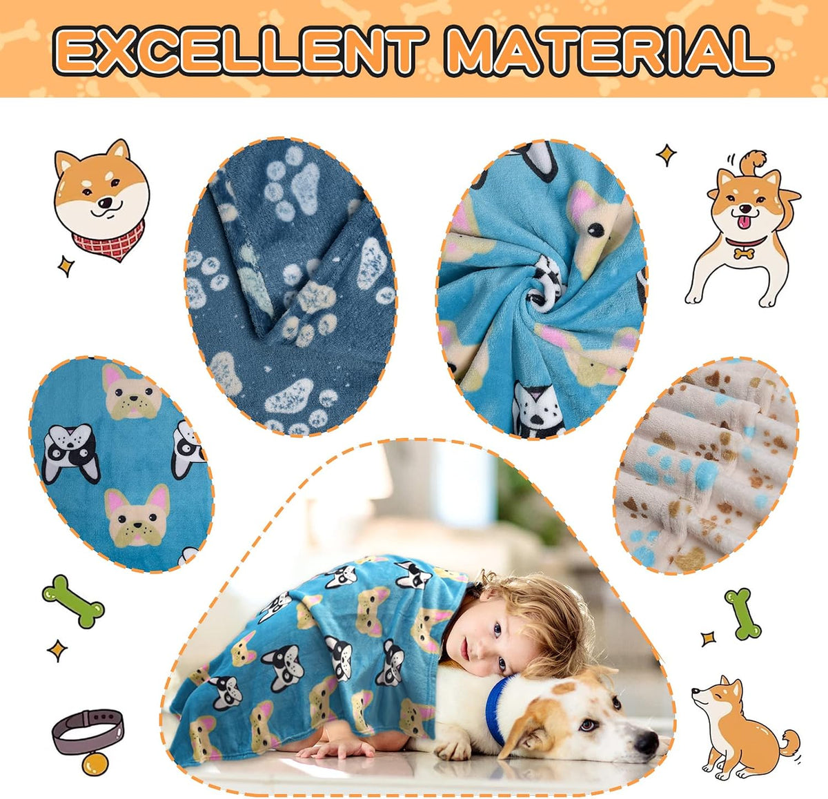 Rezutan Blanket for Large Dogs & Cats Soft Reversible Cute Paw 40"x31" – Essentials for Dogs - Blue/Beige/Navy Blue(pack of 3) / Medium,30x20Inch - image 3