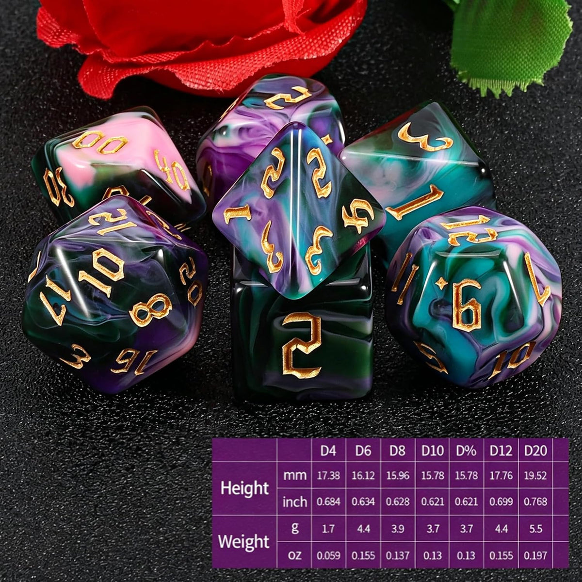 QMAY DND Dice Set - 7Pcs Blue Mix White Polyhedral Dice with Black Dice Bag – Fun for Kids & Family - Purple Green Four Colors - image 3
