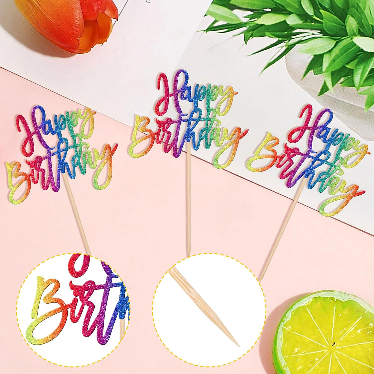 24 PCS Happy Birthday Cupcake Toppers Glitter Picks for Celebrating - Colorful - image 3