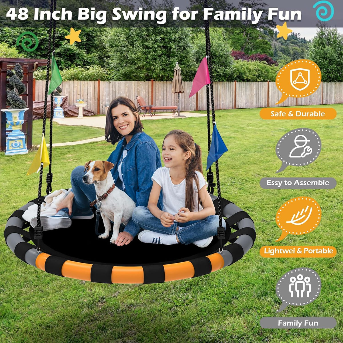 HeyZoo black 40 inch saucer swing with 360 degree swivel for backyard - view 8