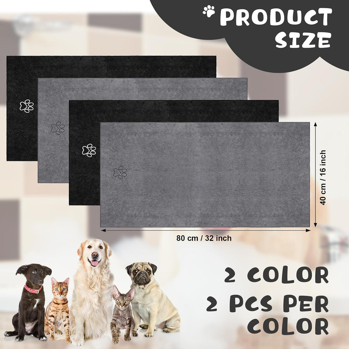 Chumia 4 Pcs Dog Towels for Drying - 16 x 32 Inch / Gray, Black - image 2