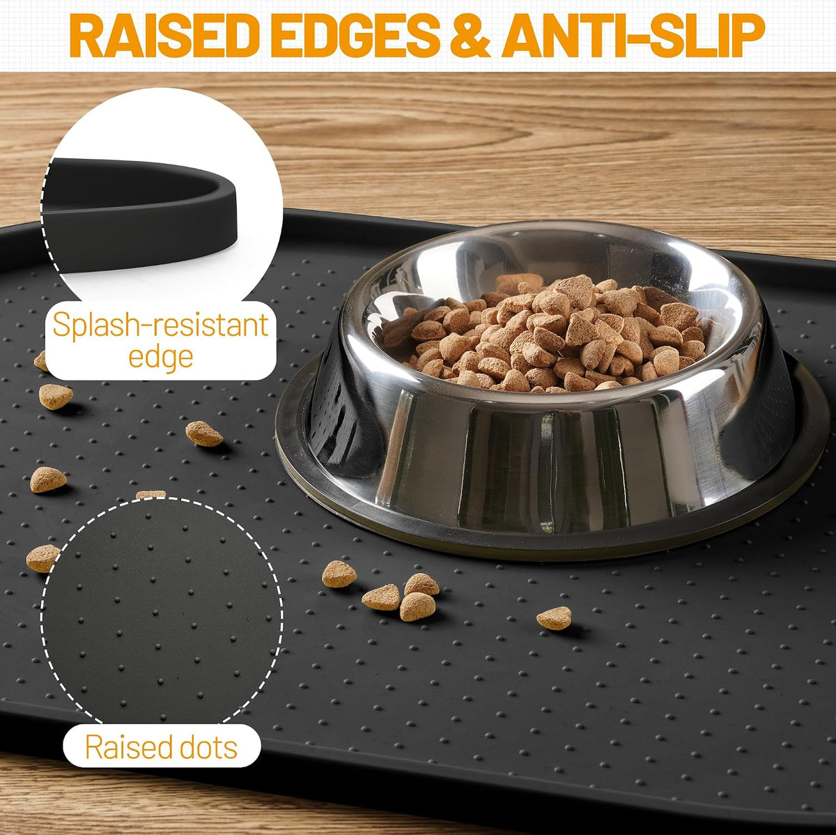 Hubulk 100% Waterproof Silicone Pet Feeding Mat with Raised Edge - Black / 32"L x 24"W - image 3