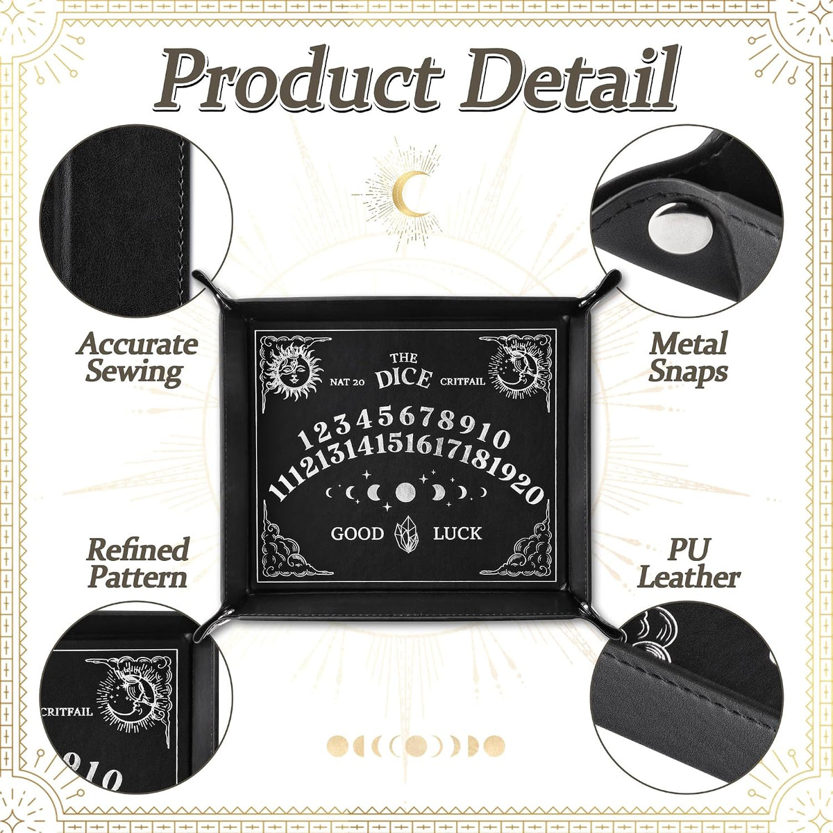 Haooryx Ouija design folding PU leather dice tray with raised edges and snap closure - view 3