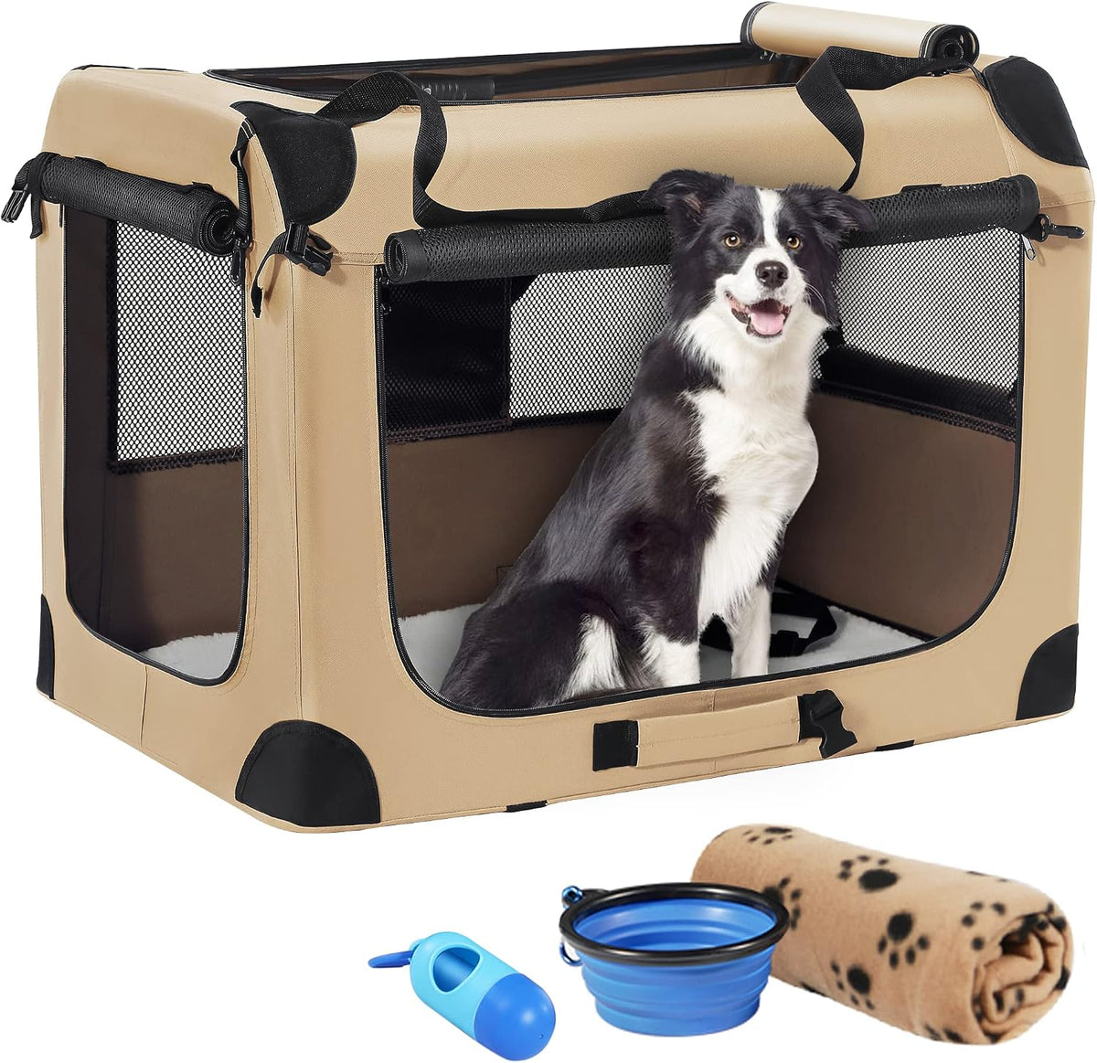 Portable Collapsible Dog Crate - Beige / 32.0"L x 23.0"W x 23.0"H