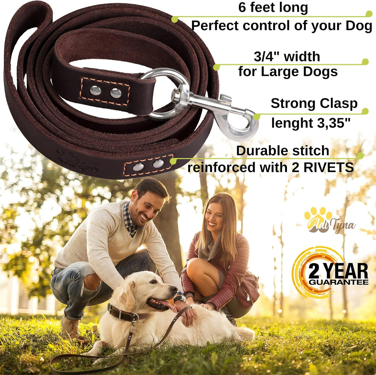 ADITYNA Leather Dog Leash for Large, and Small Dogs - L - 6 ft x 3/4 inch / Brown - image 2